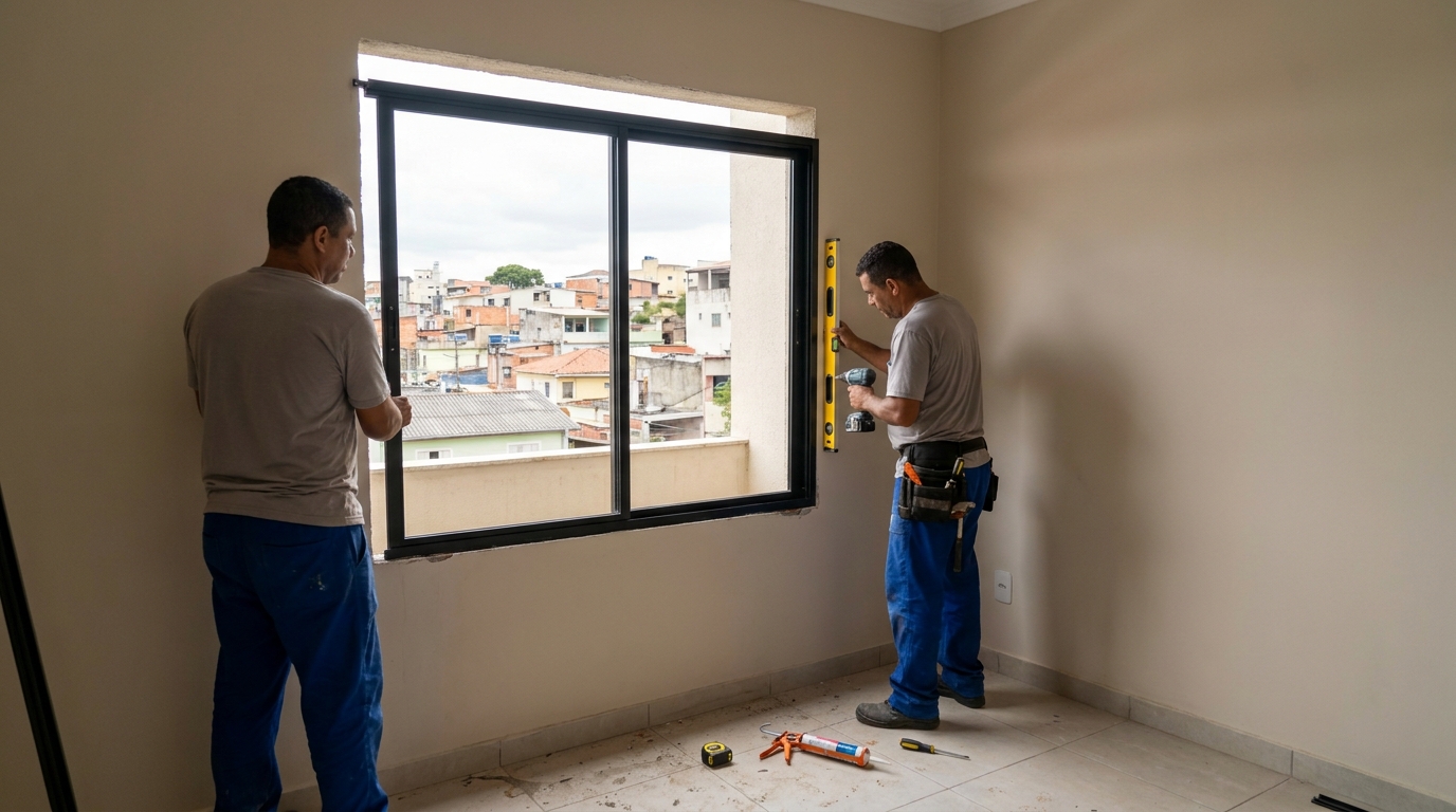 Esquadria de alumínio em quarto bege em Teresina-PI
