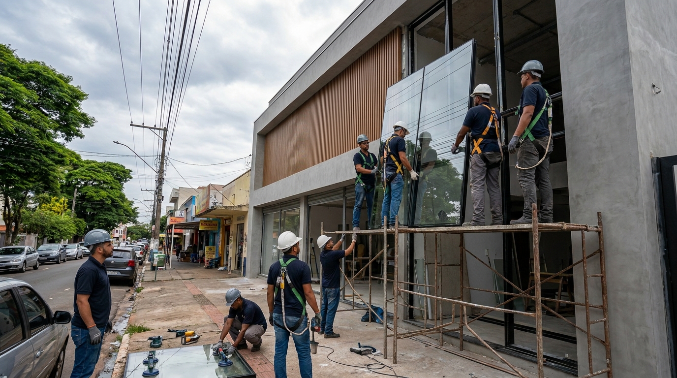 Fachada de vidro com andaime lateral em Teresina-PI