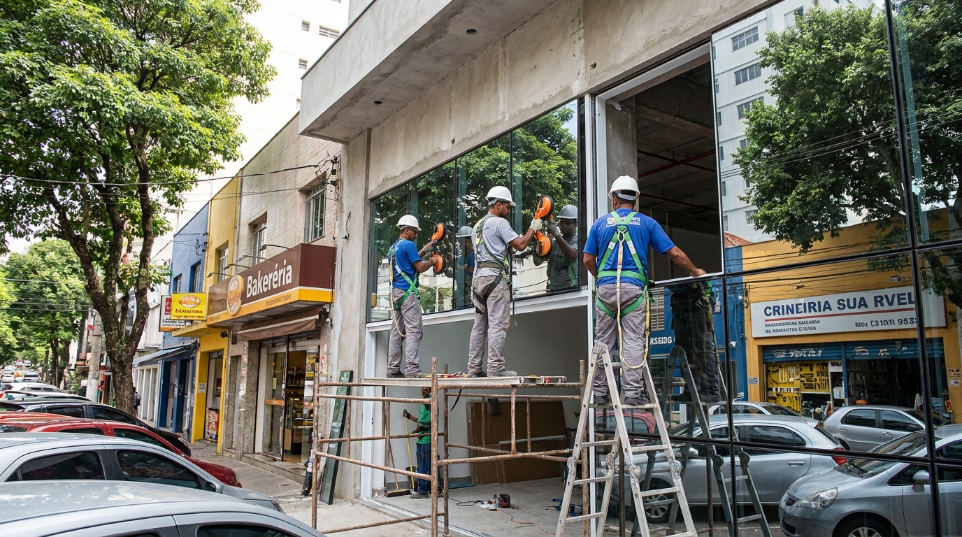 Fachada de vidro com confeitaria vizinha em Teresina-PI