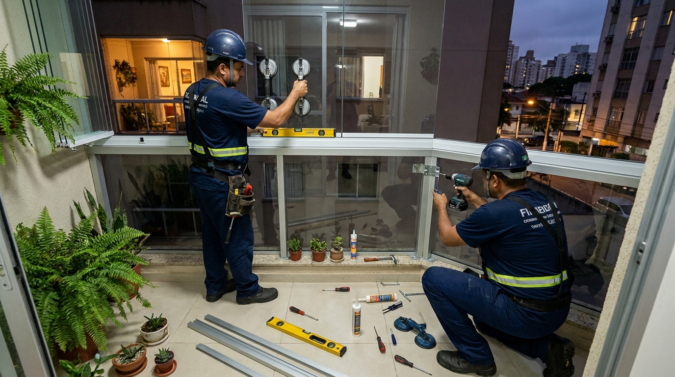 Instalação noturna de parede de vidro em Teresina-PI